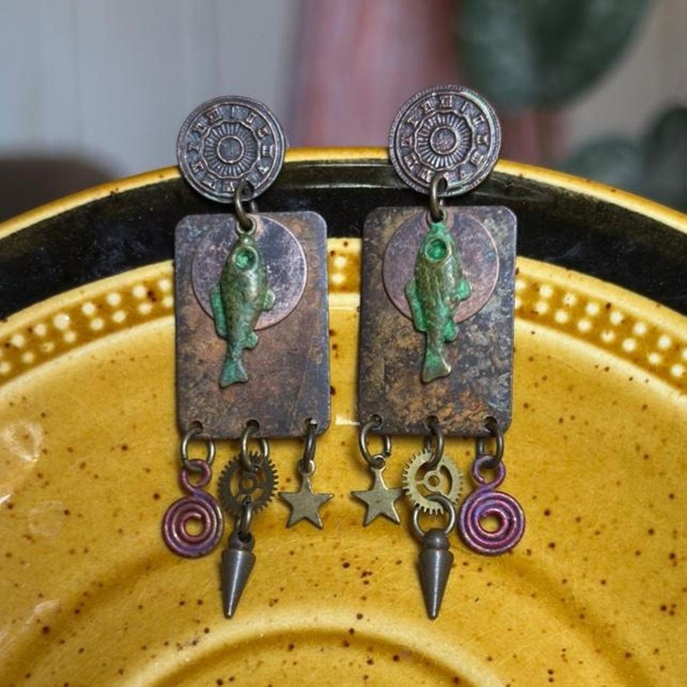 Handcrafted Steampunk Mixed Petal Patina-ed Fish & Clock Gear Charm Earrings